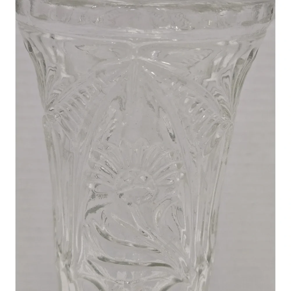 Vtg Clear Pressed Glass Pedestal Vase, Scalloped Fan Diamond Rim Footed Trumpet